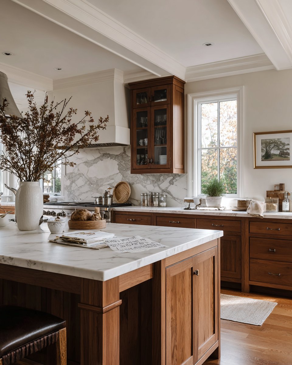 Kitchen with a large marble island, dark wood cabinets, and tall windows overlooking trees.