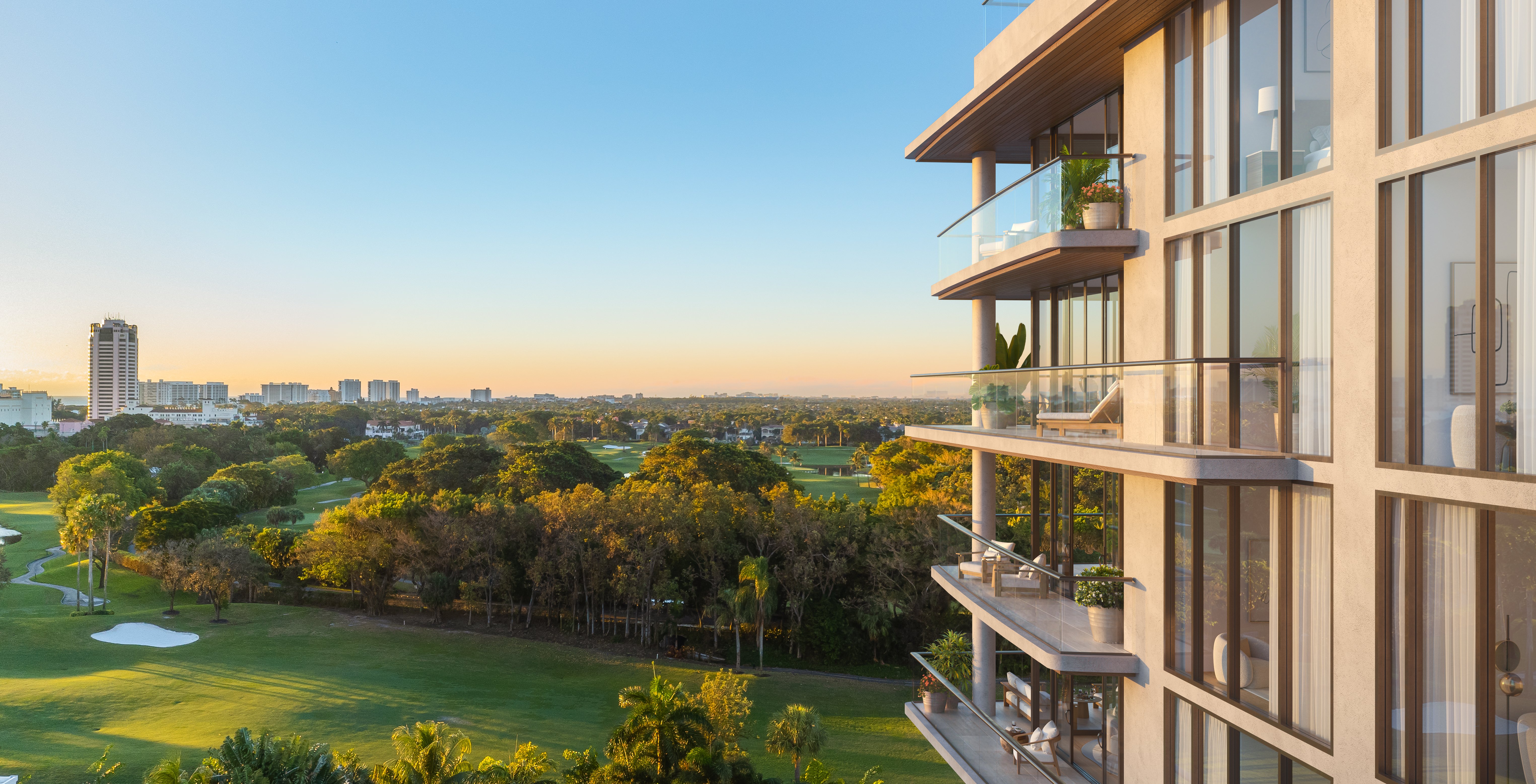 Rendering of the view from a Glass House Boca Raton terrace toward green space and the city