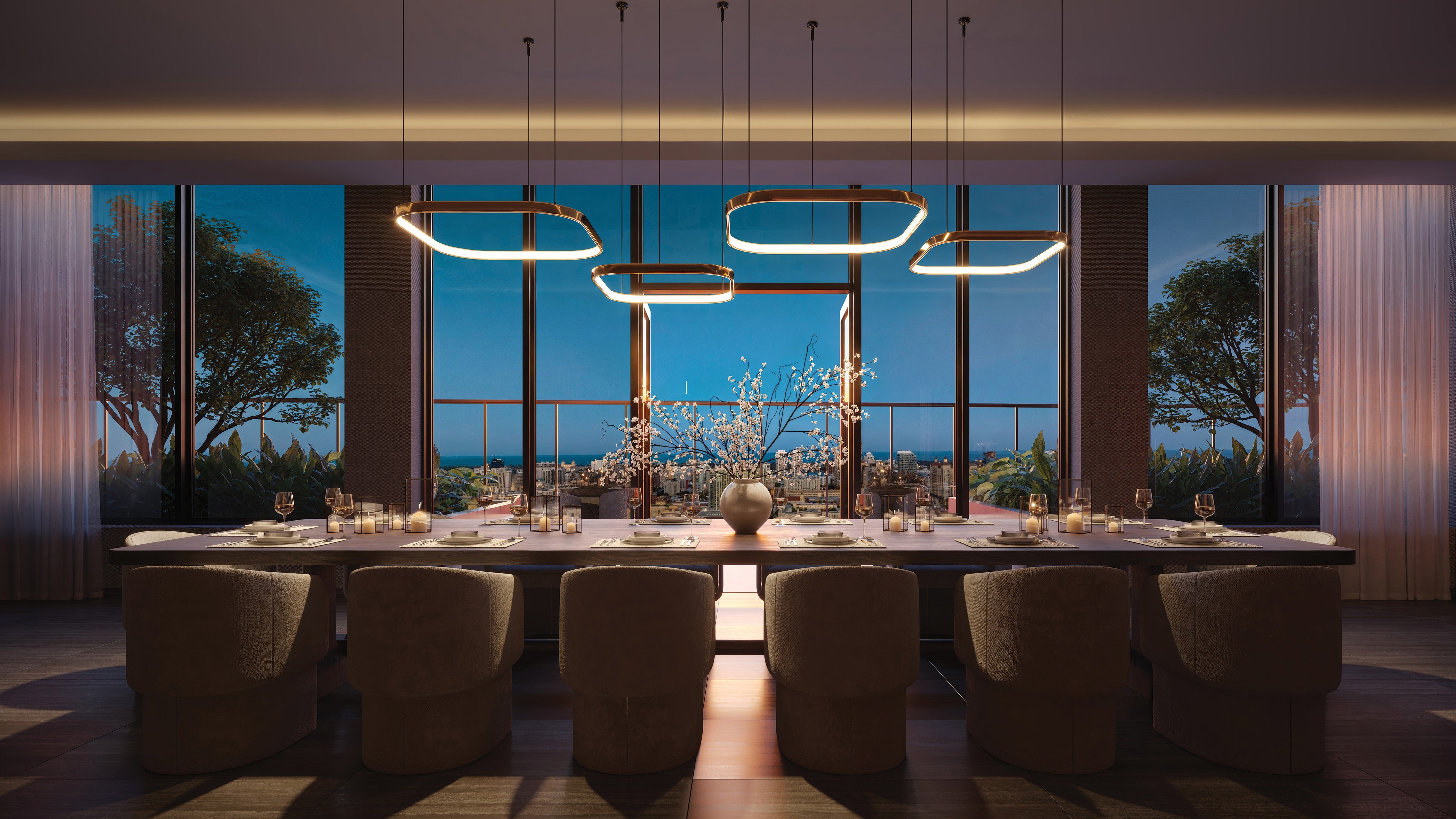 Rendering of a private dining room at The Berkeley with a long table, glowing pendants and city and ocean views