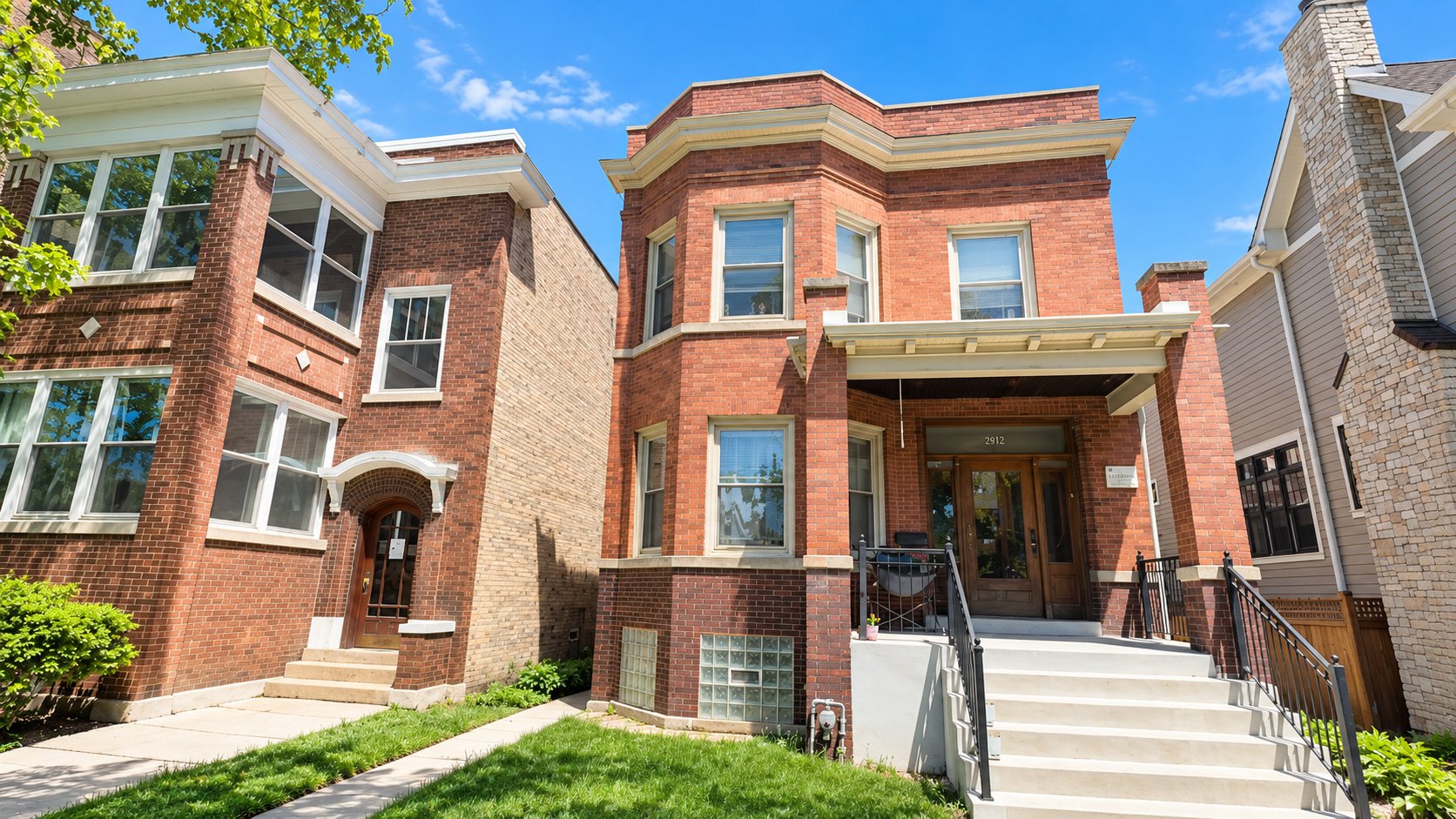 Red brick Chicago two-flat with bay windows and a covered entry above broad front steps.