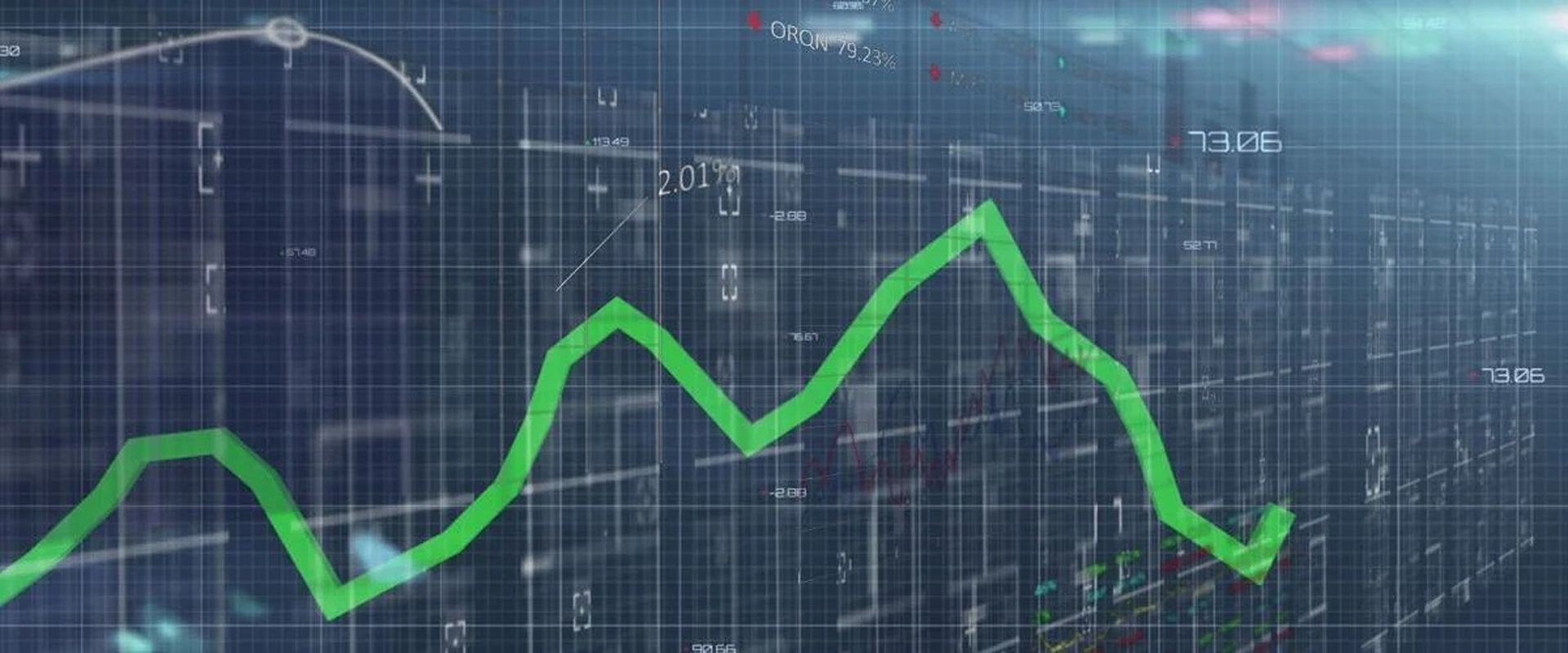 Financial chart with a bright green fluctuating line over a dark blue data grid.