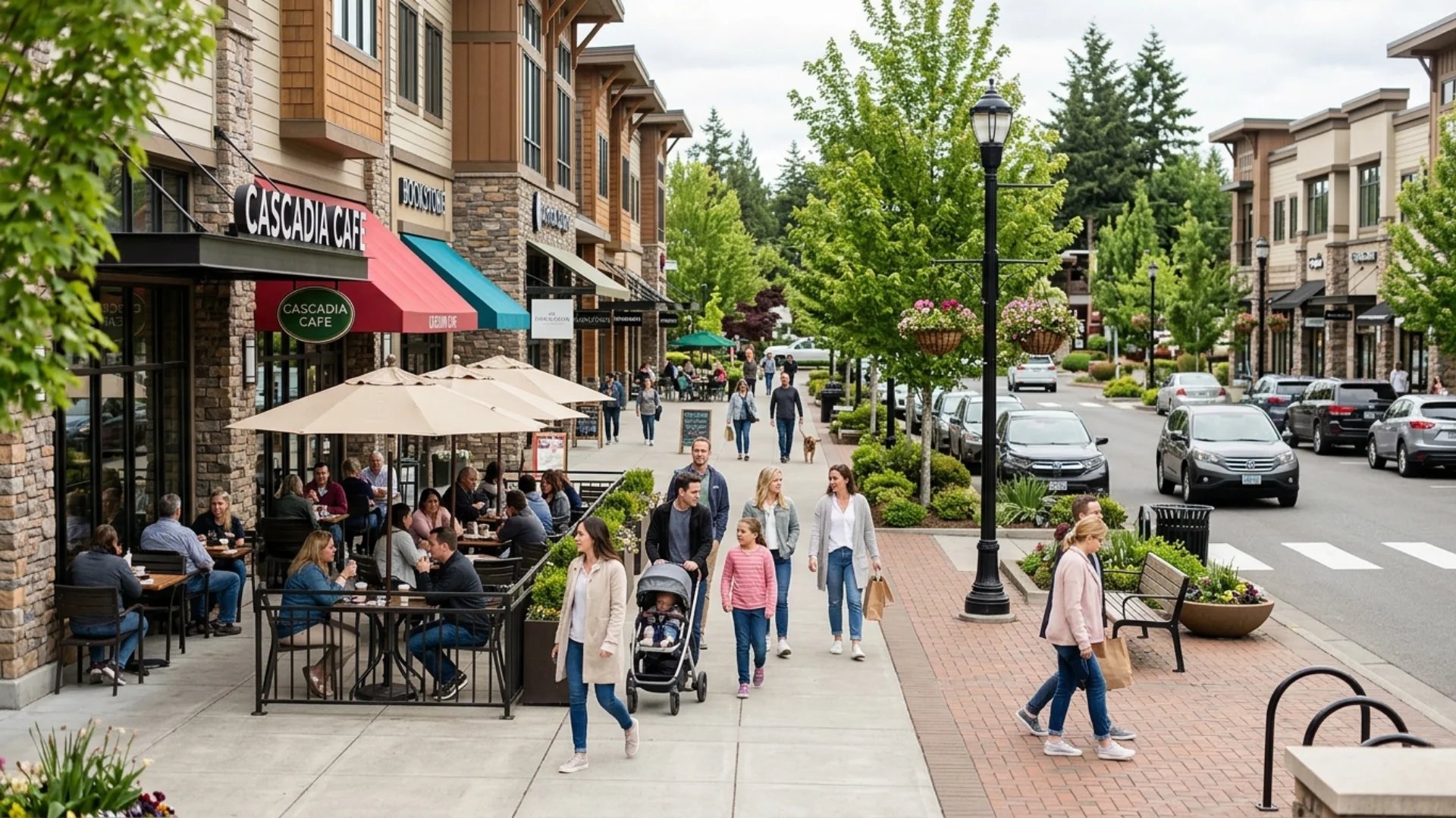 Walkable neighborhood shopping street with cafés, outdoor seating, trees, and pedestrians.