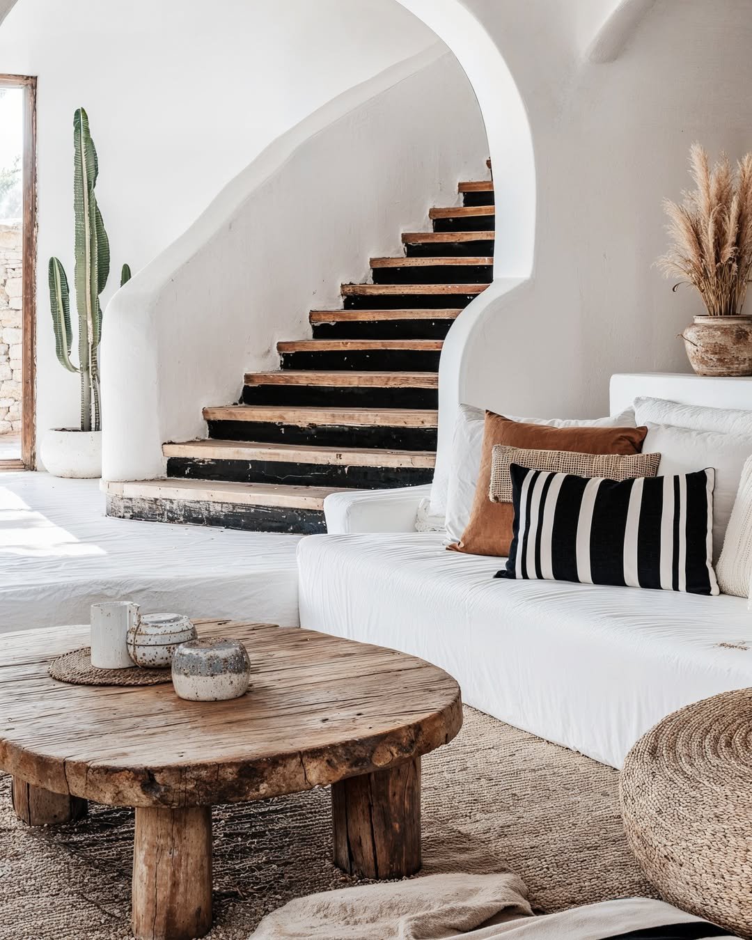 Living room with a white sofa, rustic wood coffee table, and curved staircase.