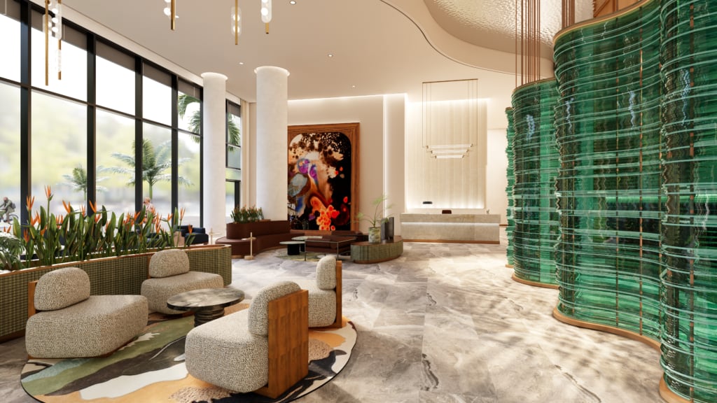 Luxury apartment lobby with sculptural green glass columns and a marble floor.