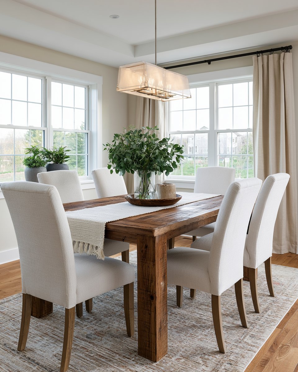 Dining room with a rustic wooden table, white upholstered chairs, and large windows.