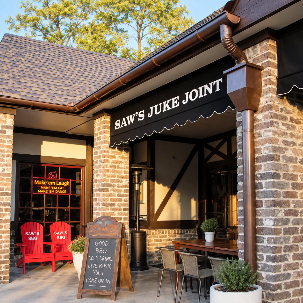 Saw’s Juke Joint storefront with red chairs and a sidewalk sign advertising barbecue and live music.