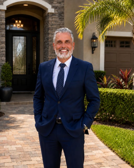Ralph Abinader in a navy suit standing outside a home with palm fronds overhead.