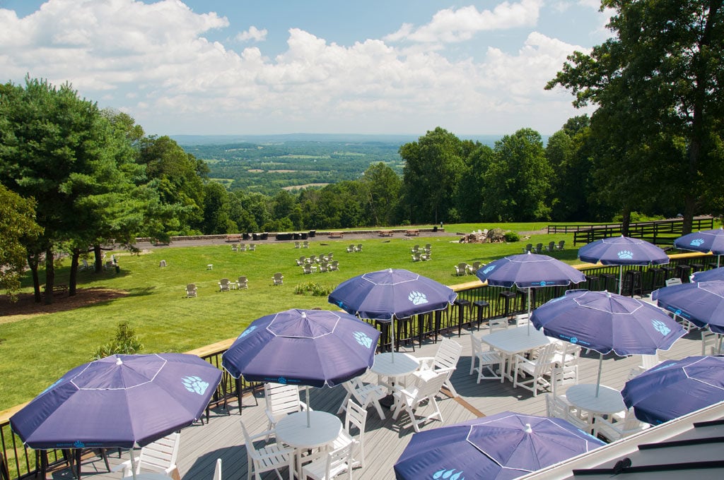 Panoramic view of the Blue Ridge Mountains from the outdoor patio at Bear Chase Brewing Company in Bluemont, Virginia.