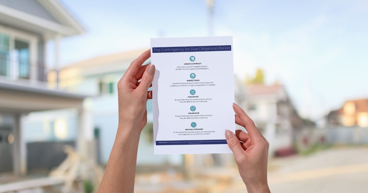 Hands hold a contingency-period guide in front of a modern home.