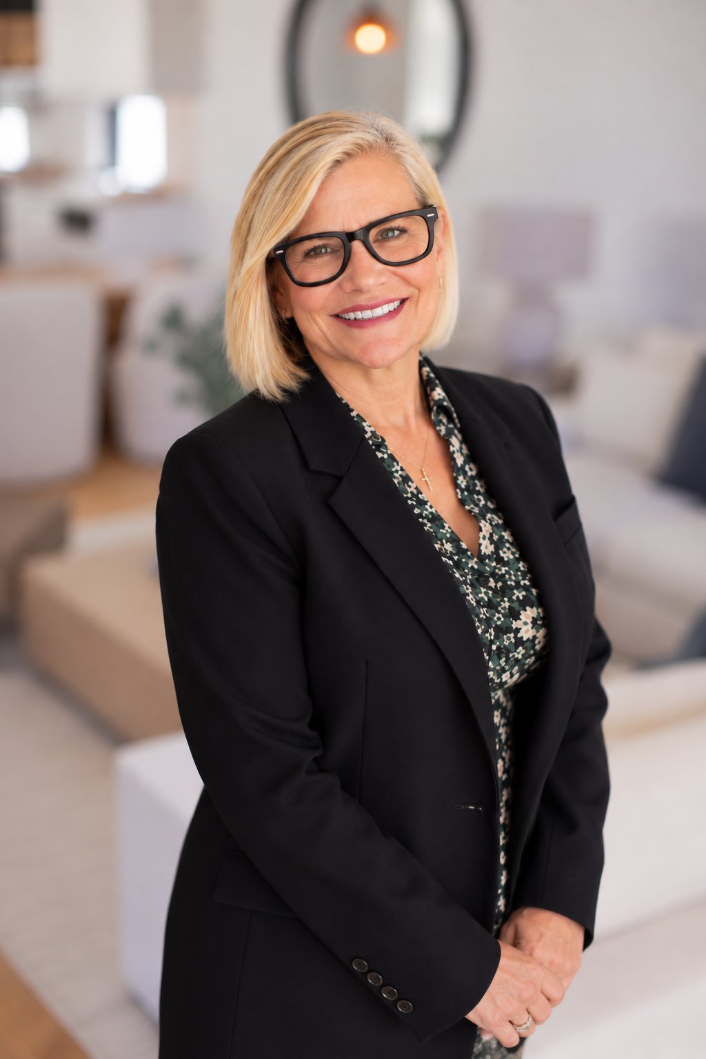 Tracy Davis wearing black glasses and a black blazer in a softly lit office.