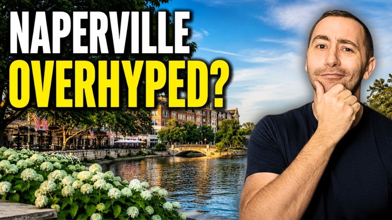 Naperville overhyped? A man poses beside a sunny waterfront town scene.