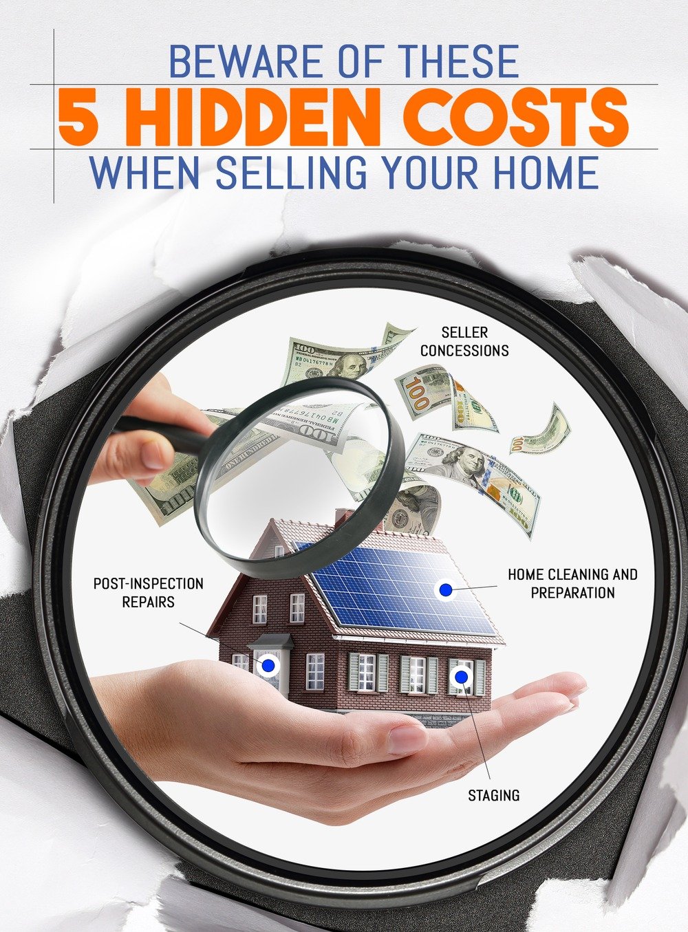 Five hidden costs of selling a home, illustrated with a magnifying glass, model house, and dollar bills.