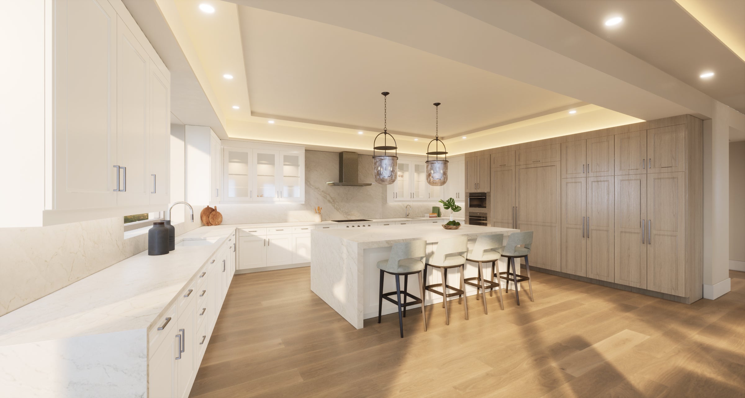 Rendering of a kitchen with a waterfall island and bar seating at The Ritz-Carlton Residences, Naples