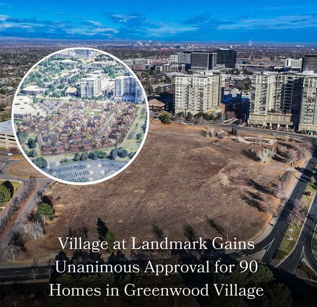 Concept rendering of The Village at Landmark in Greenwood Village, Colorado, showing a gated neighborhood of single‑family homes arranged around shared community green spaces.