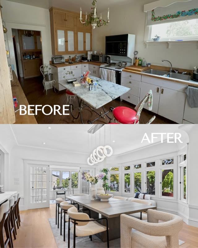 Kitchen / dining area · Before (top) / After (bottom) · AFTER predominantly shows the dining area; viewpoints differ.