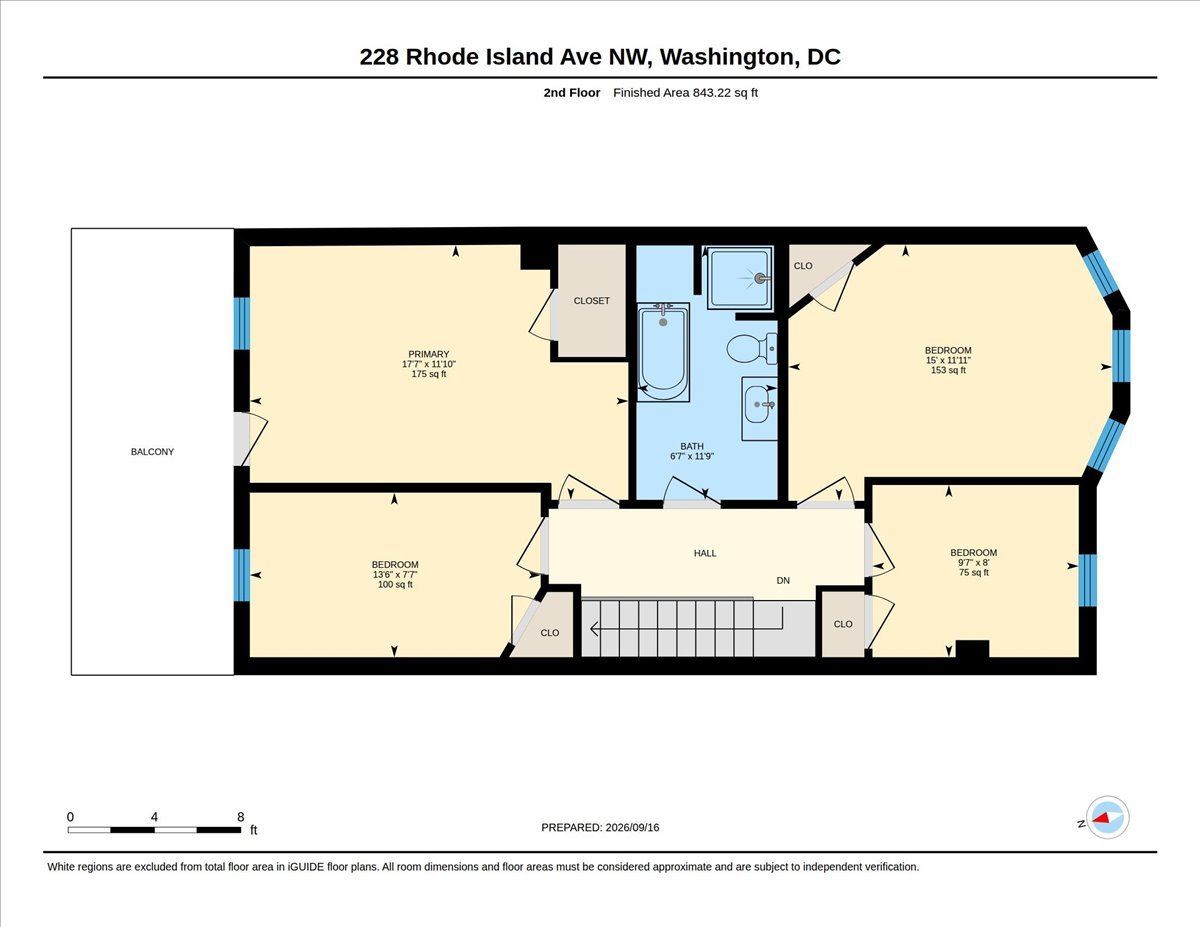 Second-floor plan of 228 Rhode Island Ave NW with three bedrooms, a bathroom, and a balcony.
