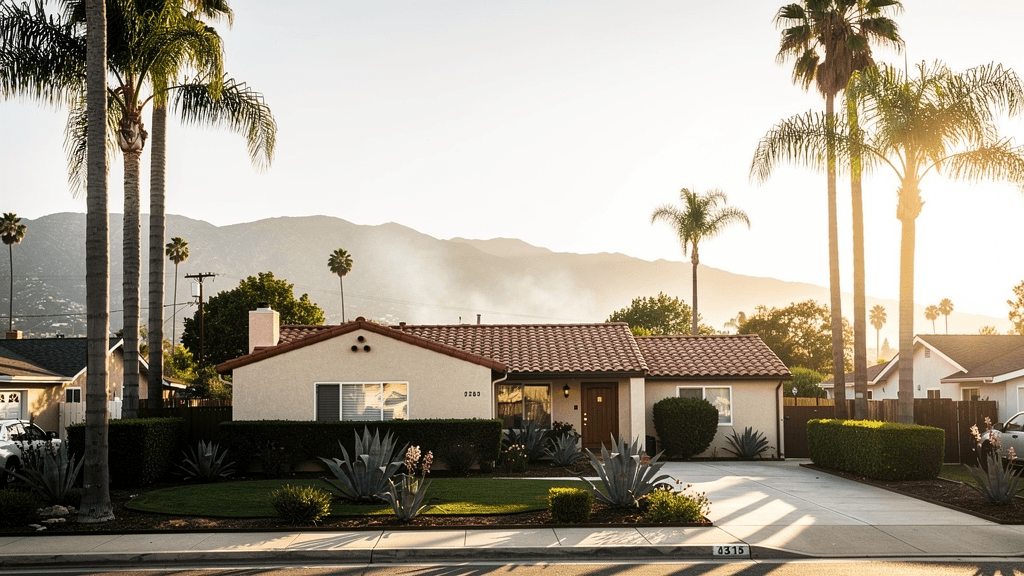 Los Angeles single-family neighborhood at golden hour with hazy fire-scarred hillsides in the distance, illustrating the California State Farm wildfire insurance enforcement action