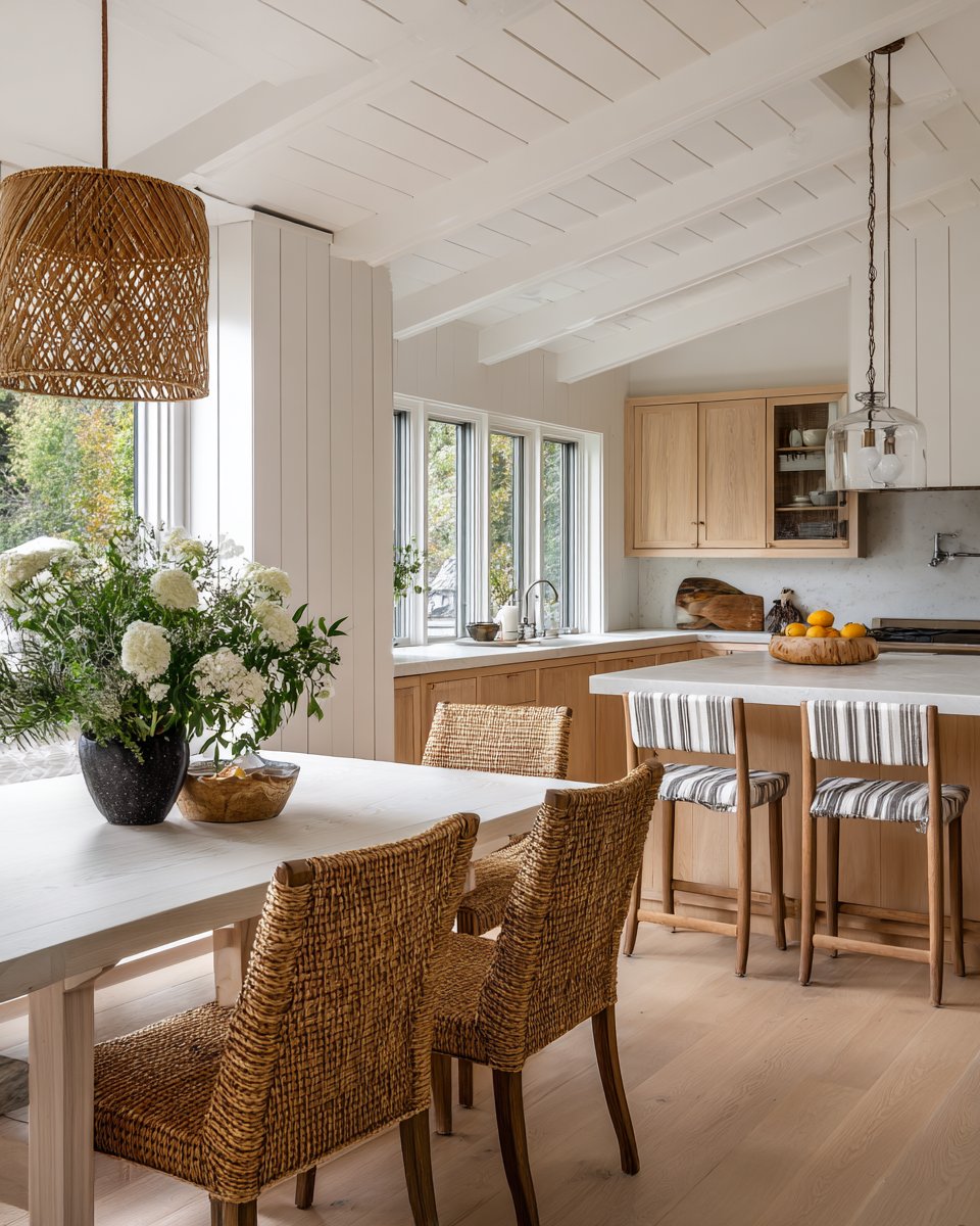 Bright kitchen and dining area with vaulted white beams, wood cabinetry, and woven rattan chairs.