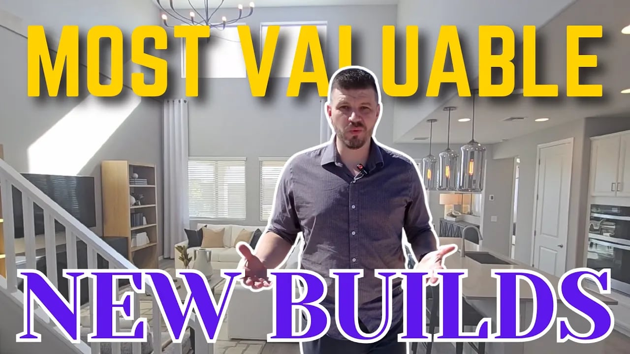 Real estate presenter in a modern home beneath “MOST VALUABLE NEW BUILDS” headlines.