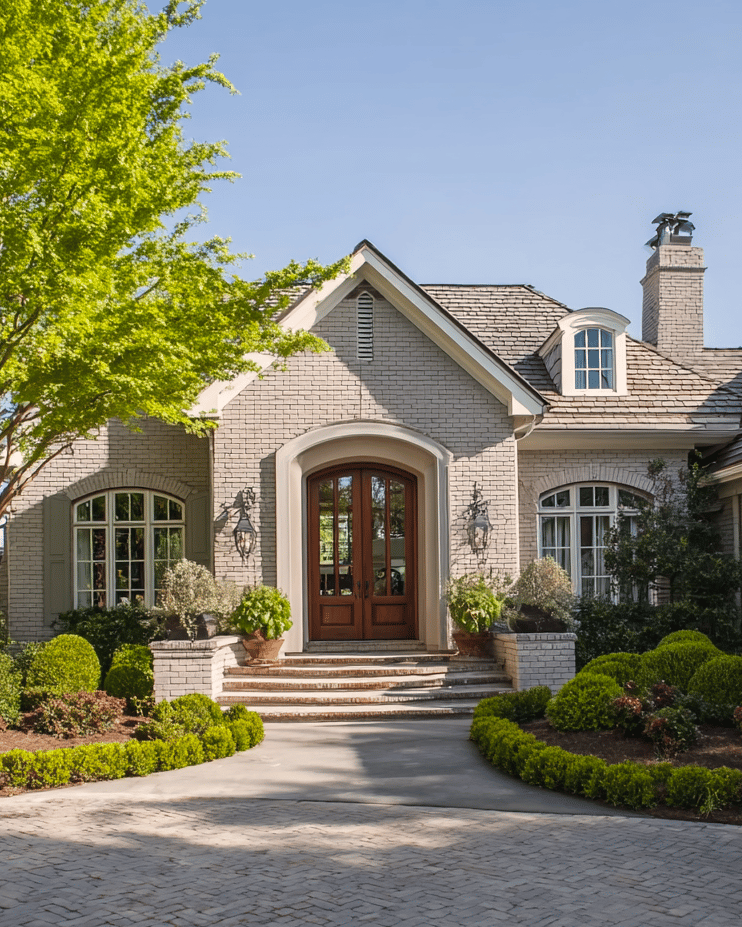 Light-brick home with an arched wooden entrance, curved steps, and manicured landscaping.