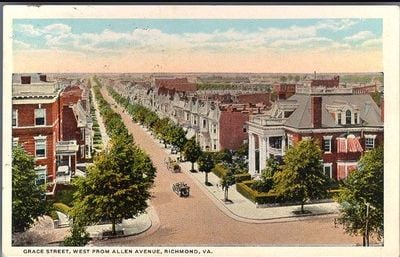 Early twentieth-century postcard view west along Grace Street from Allen Avenue, showing rows of Fan homes.