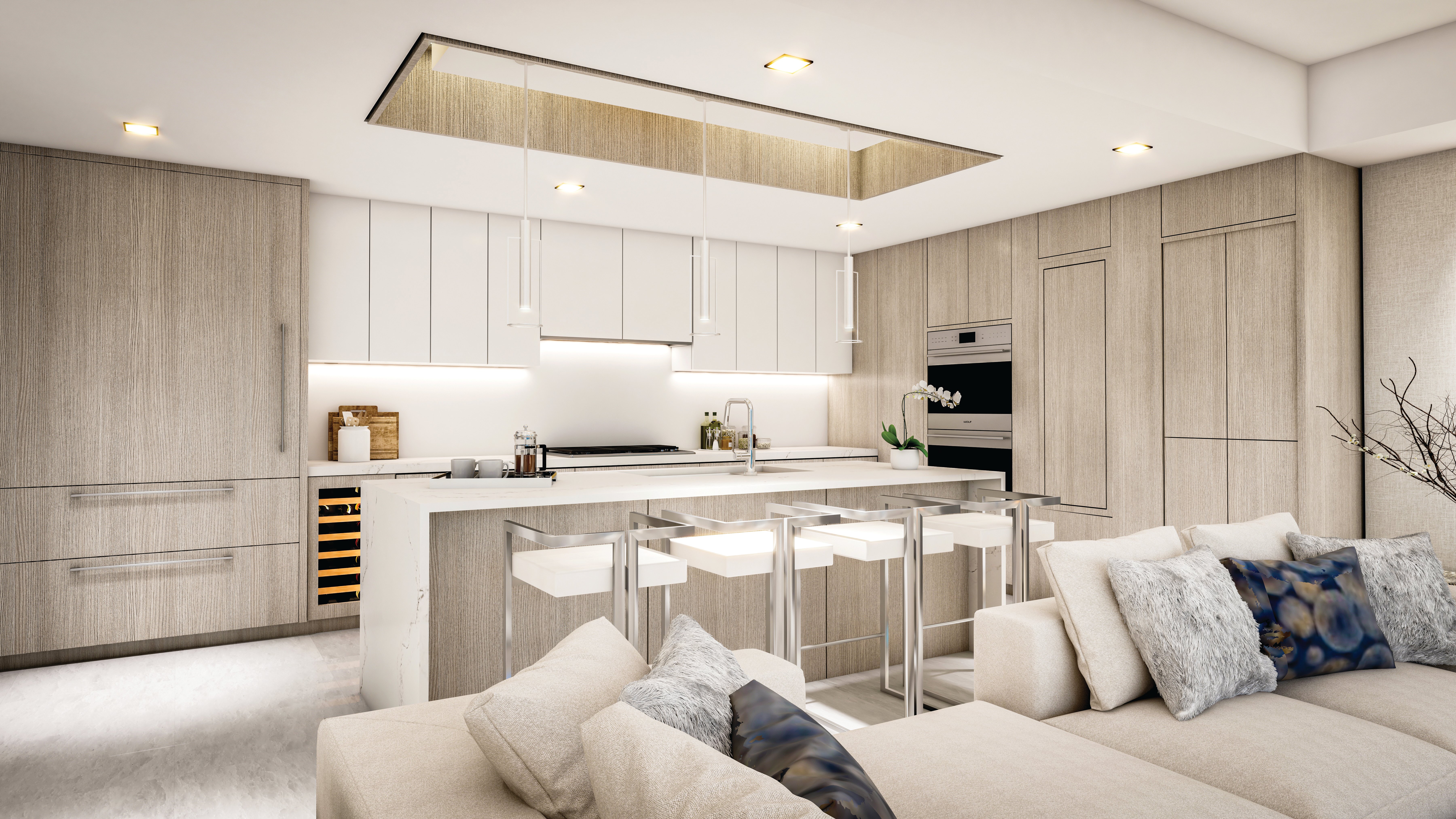 Rendering of a Forté Luxe kitchen with a waterfall island and paneled appliances