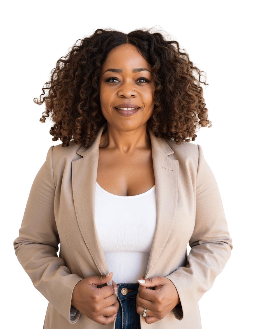 Lina Williams in a beige blazer and white top.