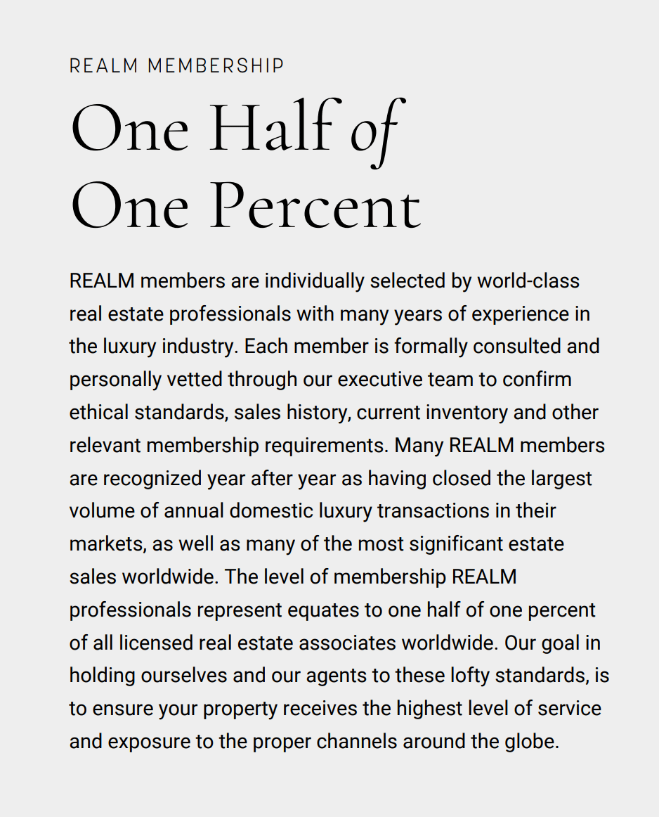 REALM membership overview: members represent one half of one percent of licensed real estate associates worldwide.