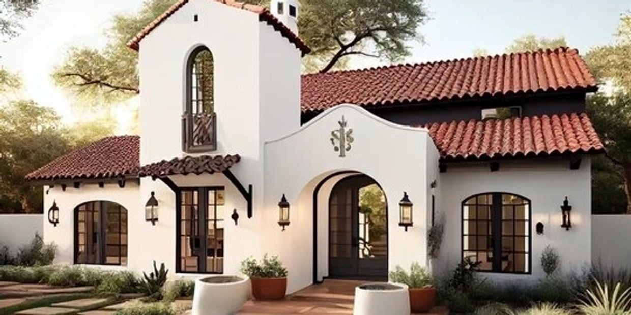 Spanish-style home with white stucco walls, red tile roofs, and arched windows and entry.