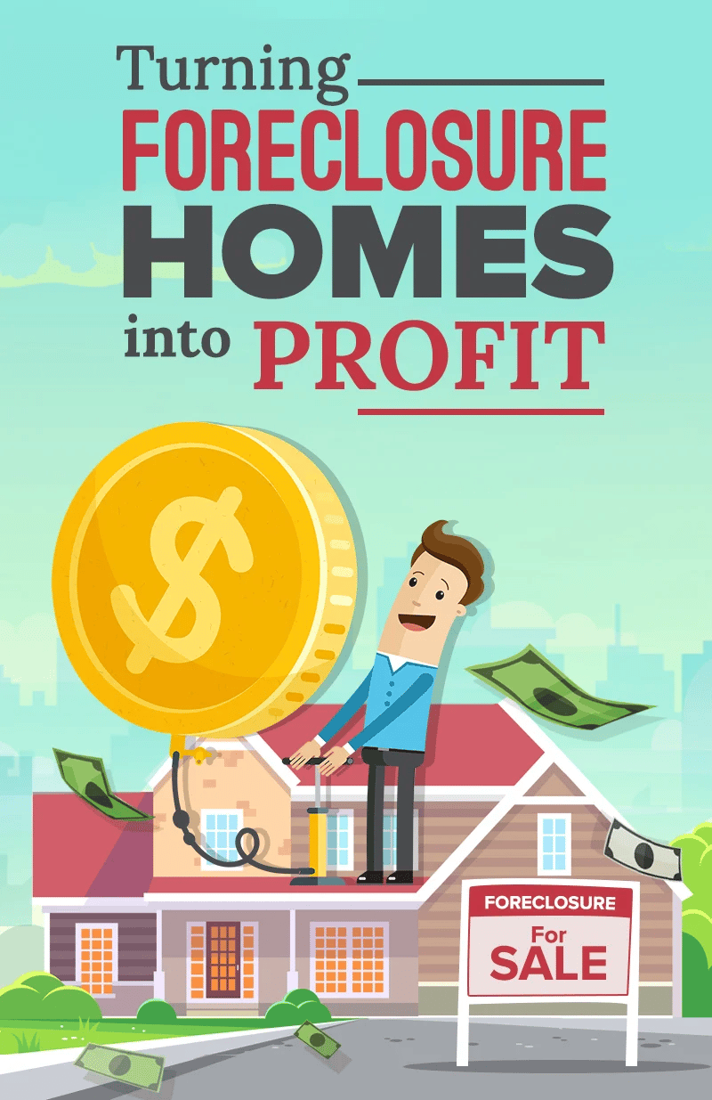 Illustration of a person, gold coin, and foreclosure-for-sale house.