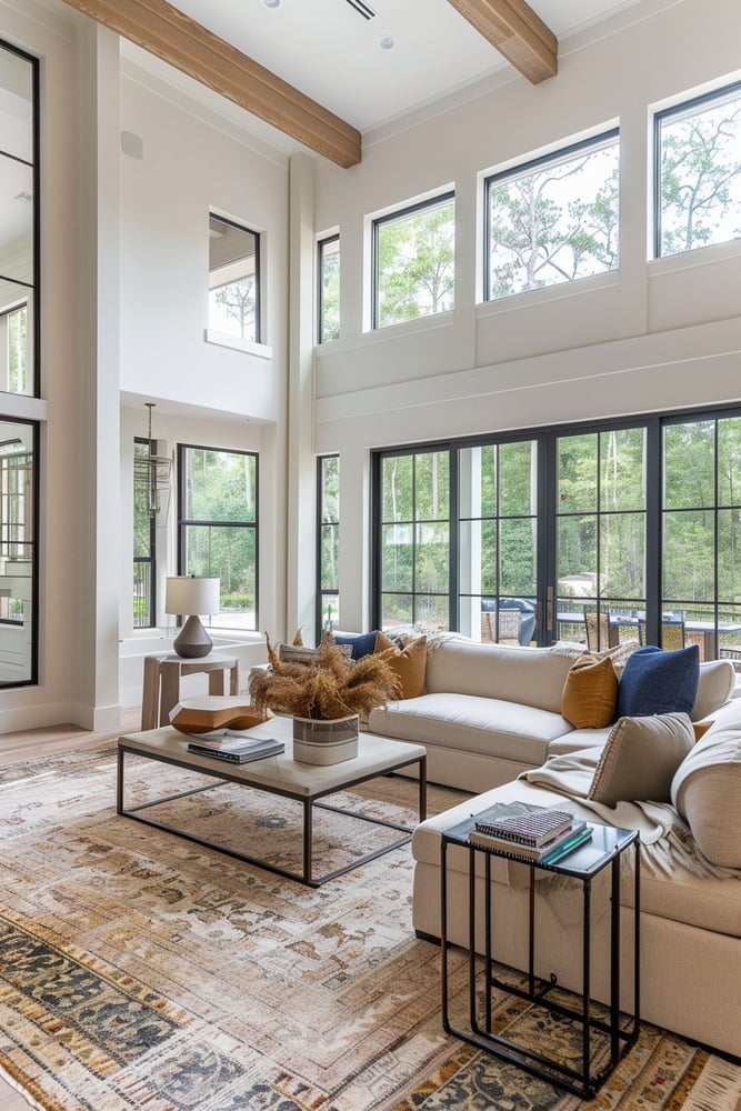 Double-height living room with exposed wood beams, tall windows, and a cream sectional sofa.