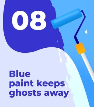 Graphic 08: Blue paint keeps ghosts away, shown with a blue paint roller.