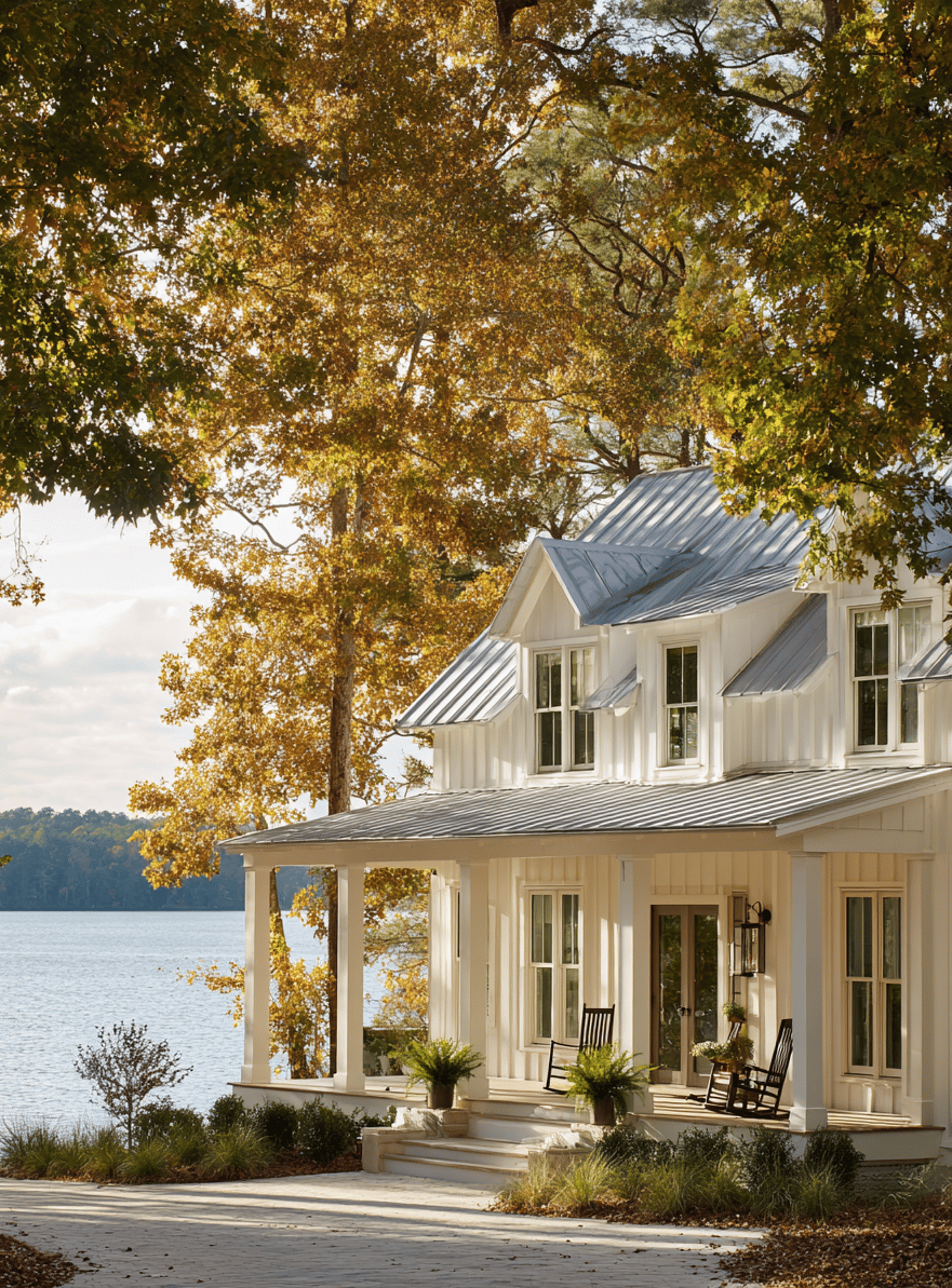 White two-story house with a covered porch beside the water, framed by autumn trees.
