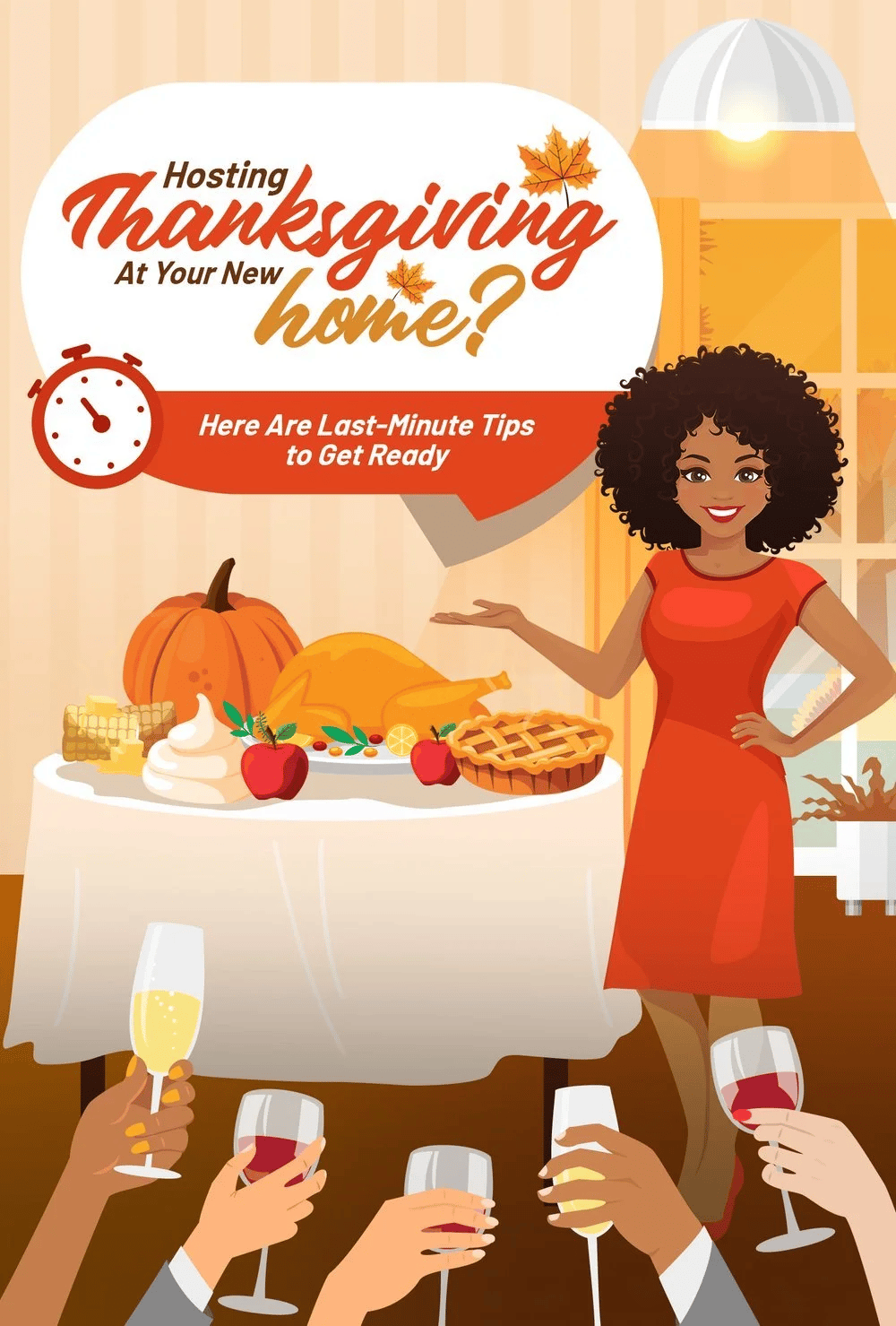 Last-minute Thanksgiving hosting tips for a new home, illustrated with a woman beside a holiday feast.