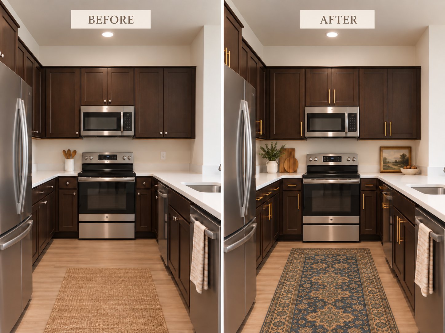 Kitchen before and after renter-friendly upgrades, with gold cabinet pulls, a patterned runner rug, and countertop decor.