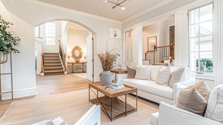 Bright living room with white sofas, a wood coffee table, and an arched opening to the staircase.