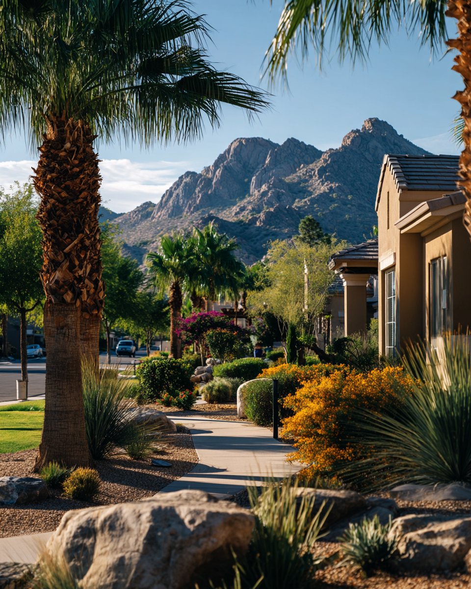 Landscaped residential street with palm trees, stucco homes, and rocky mountains in the background.
