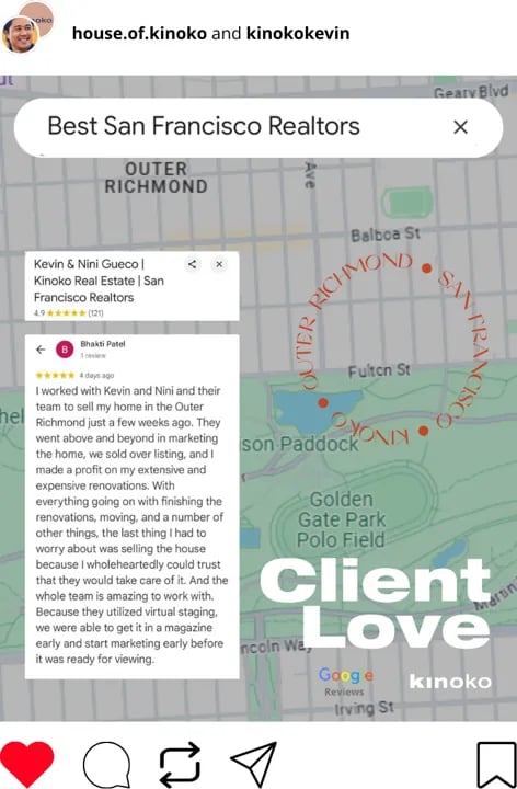 A social media post with a map of San Francisco showing a 5-star review for 