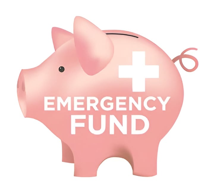 Pink piggy bank labeled “Emergency Fund” with a white cross.