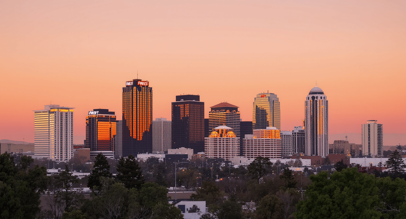 City skyline at sunset, with orange-lit towers rising above foreground trees.