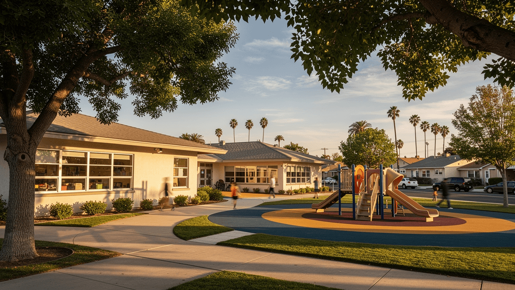 Elementary school exterior in Lake Balboa neighborhood with playground and mature trees, San Fernando Valley schools guide 2026