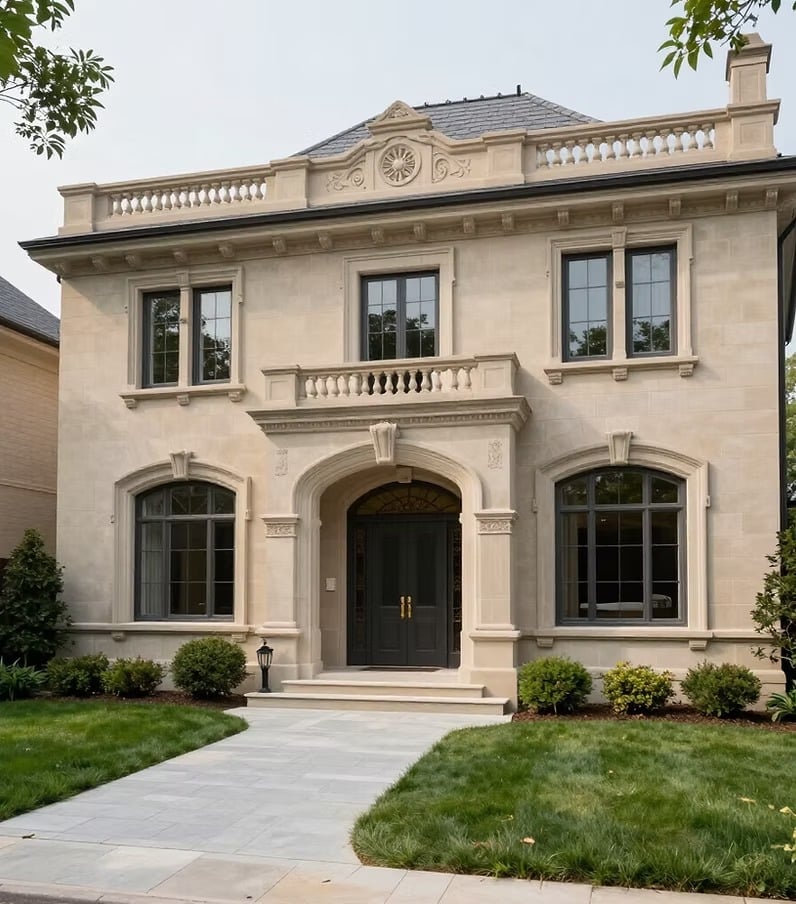 Two-story stone home with ornate classical details, arched windows, and a landscaped front lawn.