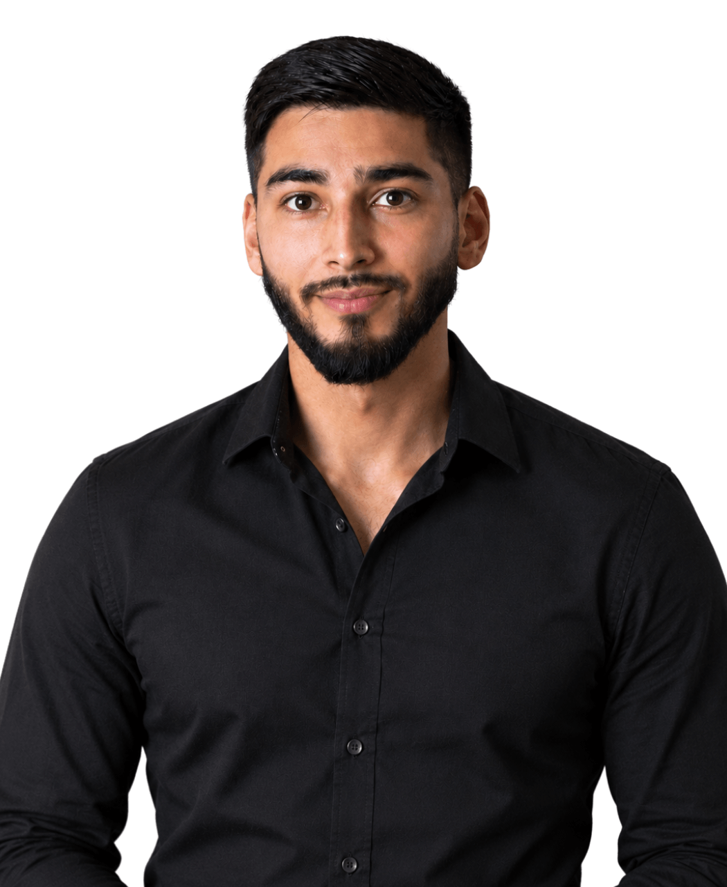 Oscar Bernal in a black button-up shirt against a white background