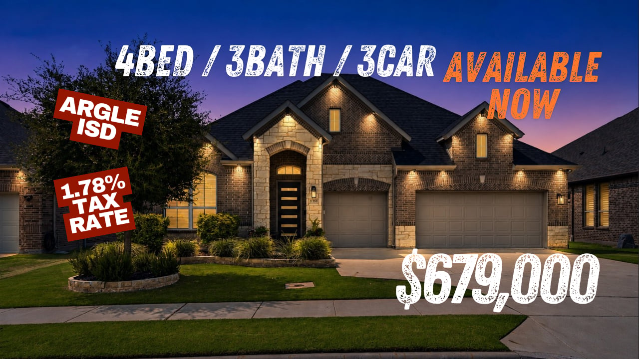 Twilight exterior of a $679,000 one-story home for sale in Trailwood, Flower Mound TX, featuring 4 beds, 3 baths, a 3-car garage, zoned Argyle ISD, with a 1.78% tax rate