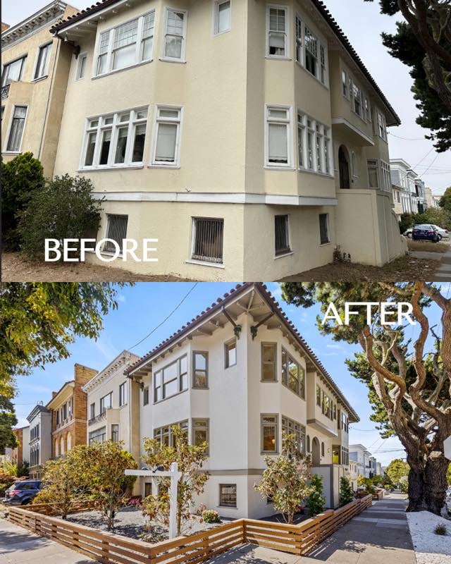 Front exterior · Before (top) / After (bottom)
