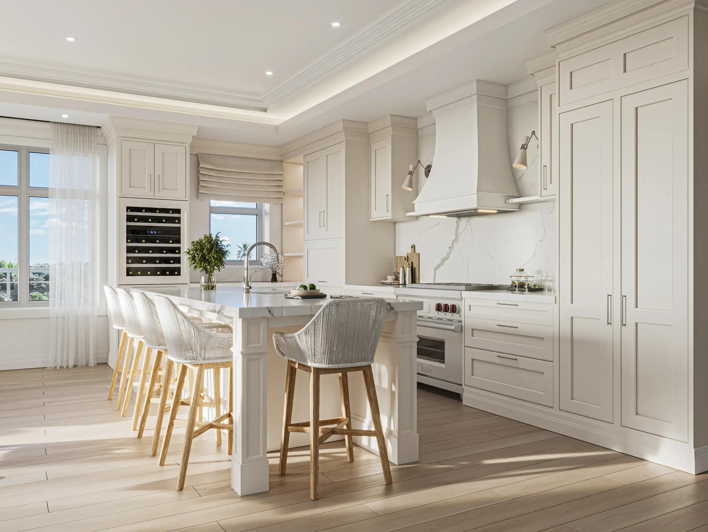 Rendering of an open living and dining room with water views at Harbour House Naples