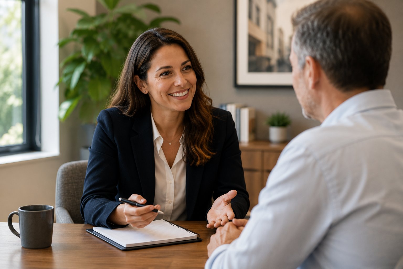 Smiling woman in a business suit engages in a friendly conversation with a man in an office. She's holding a notebook.