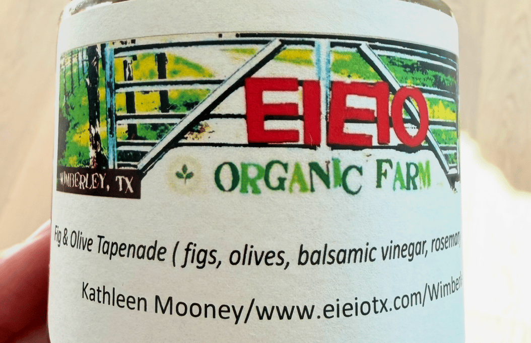 Jar of EIEIO Organic Farm fig and olive tapenade.