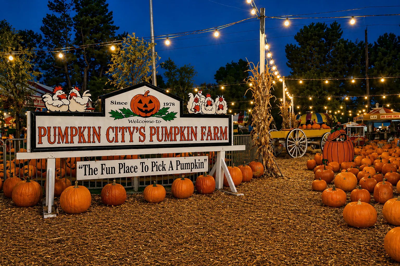 Pumpkin City's Pumpkin Farm at night, with pumpkins beneath strings of glowing lights.