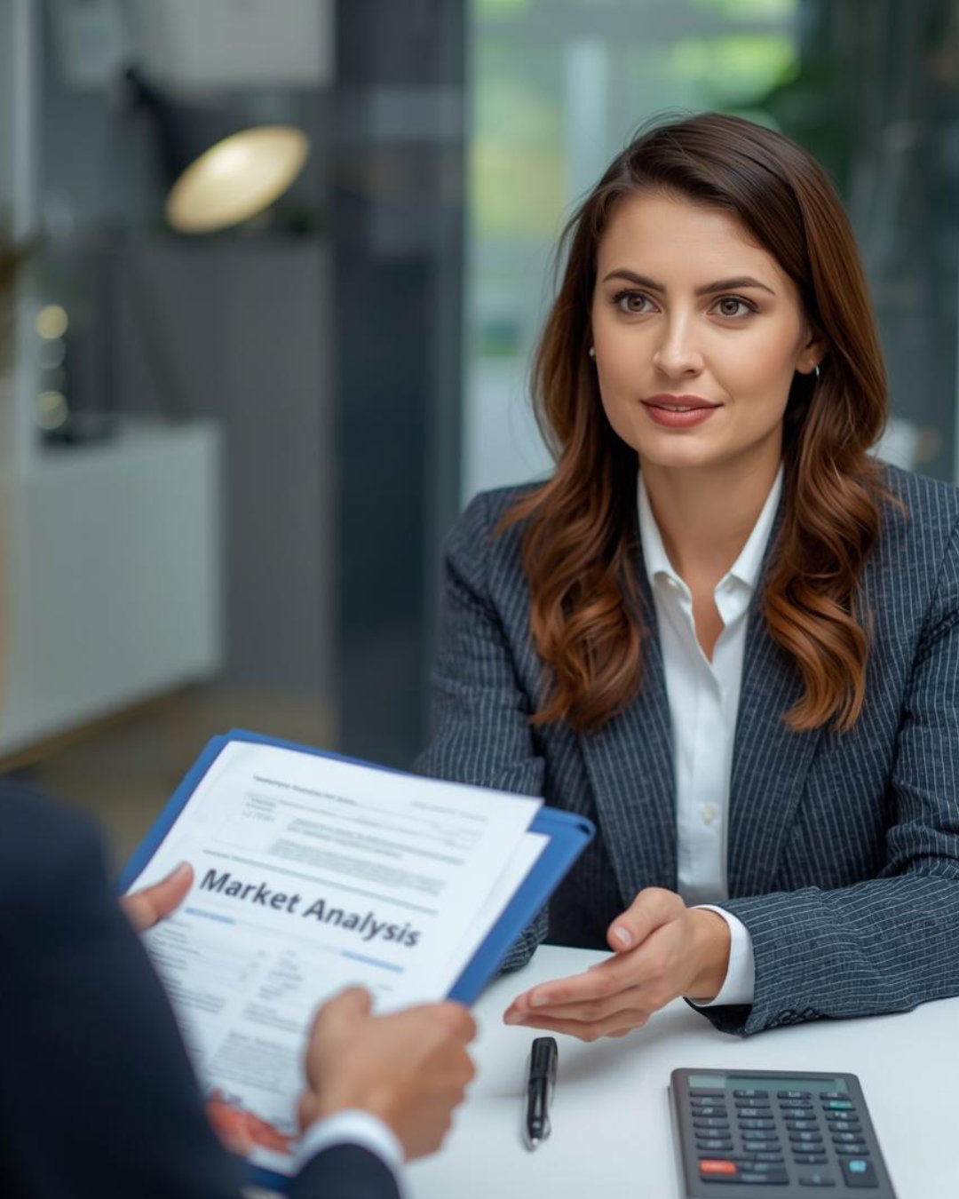 A real estate expert presenting a Comparable Market Analysis (CMA) to a client during a consultation.